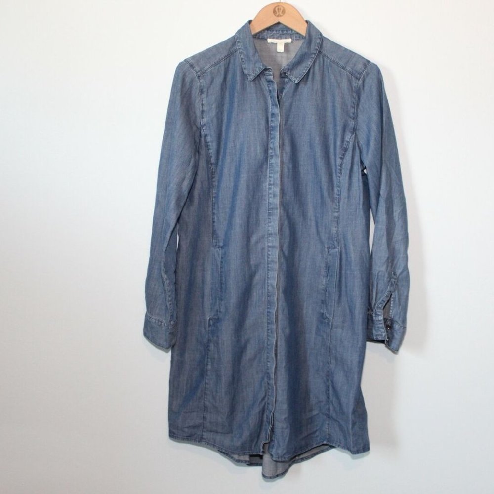 Eileen Fisher Classic Collar Chambray Denim Shirt Dress Blue Size Small H12304 - Picture 2 of 11